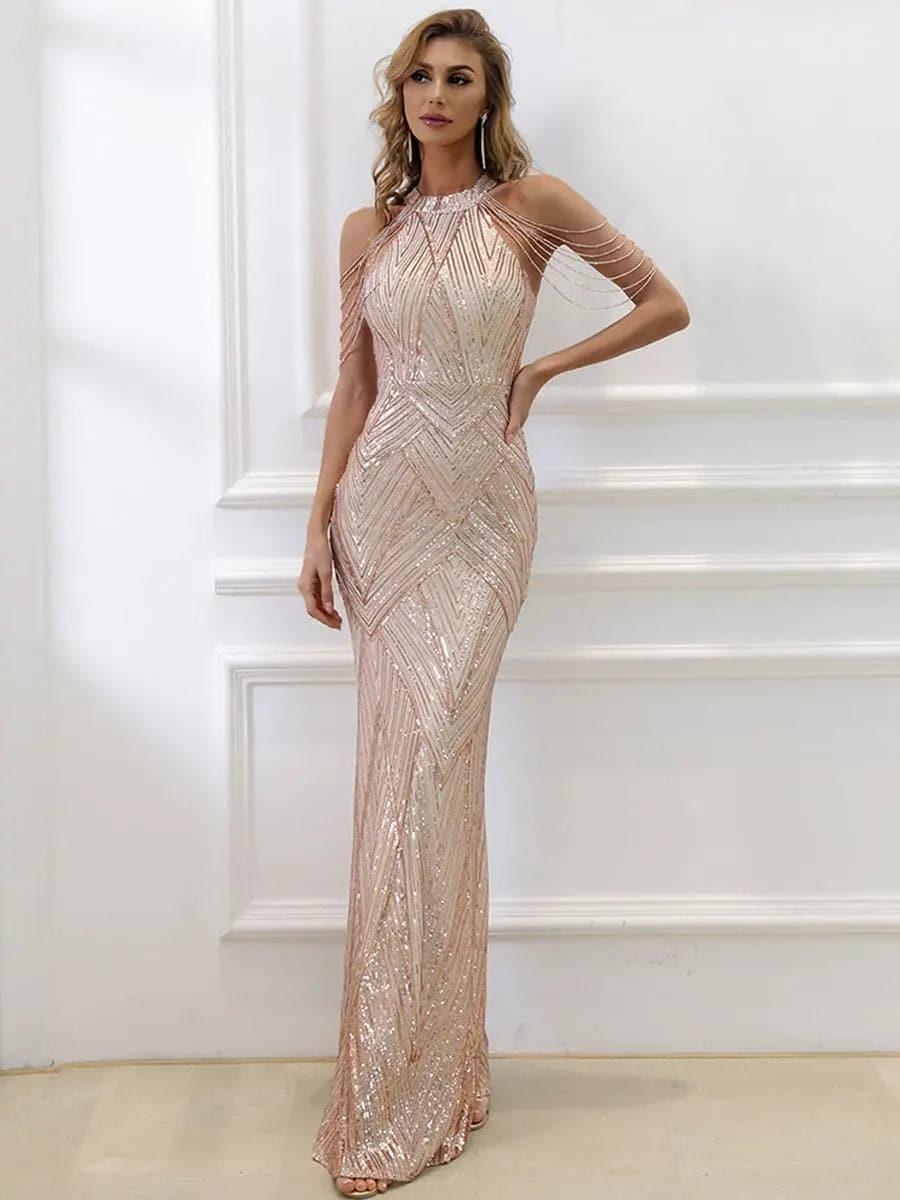 Cold Shoulder Beads Chain Cocktail Dress