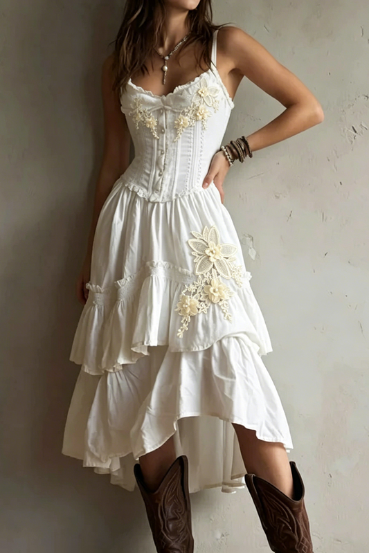Corset-Style Embroidery Lace Trim Tiered Midi Dress