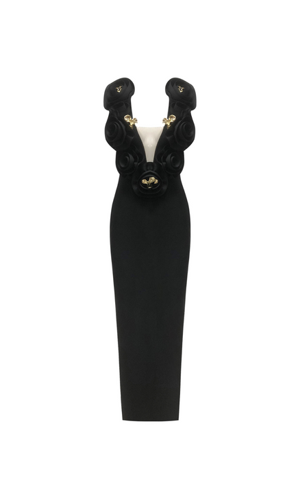 ruffled top with gold accents maxi dress