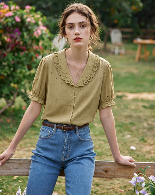 lace embroidered lapel shirt short-sleeved shirt top