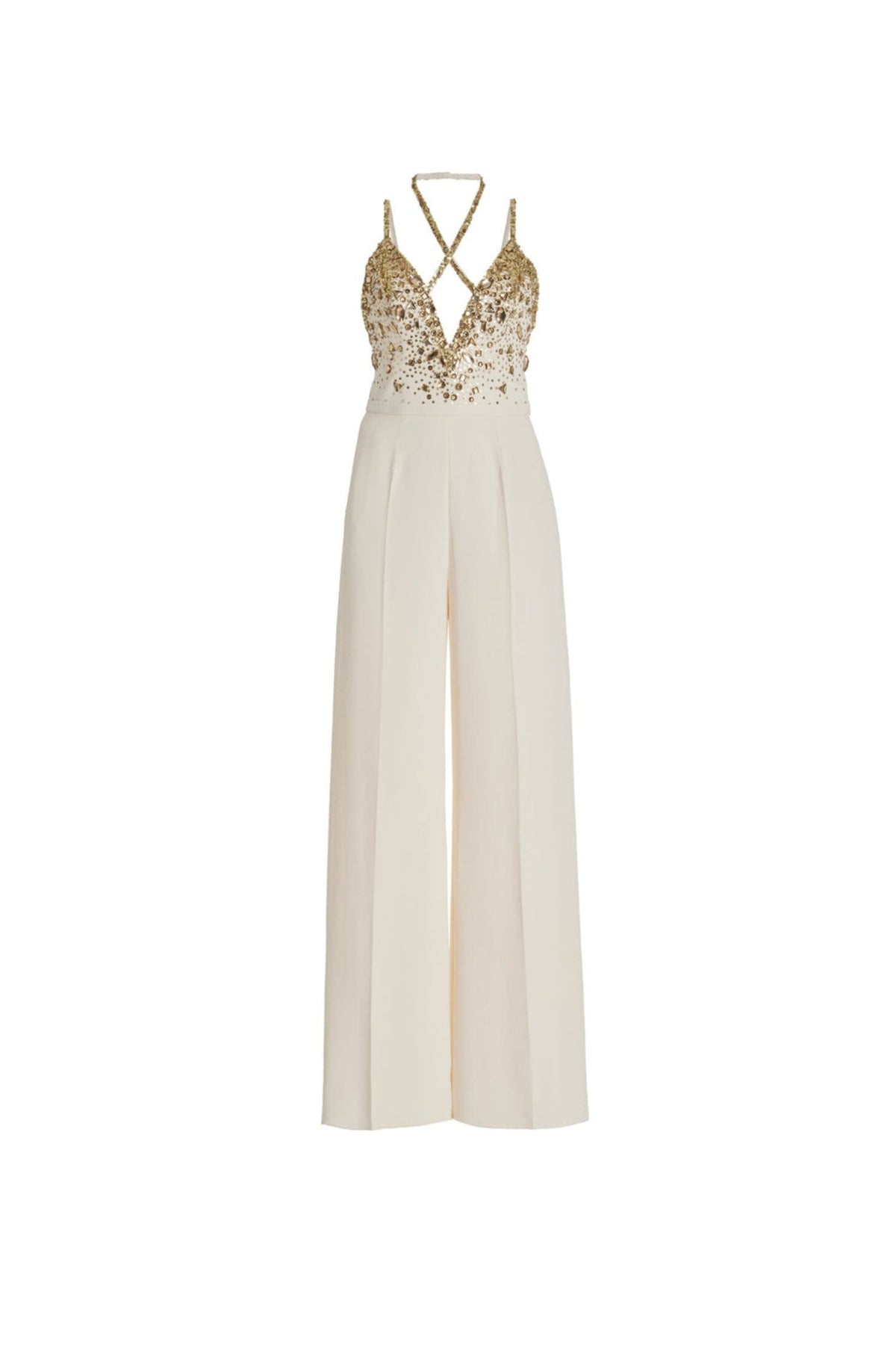 V-NECK SEQUIN HALTER JUMPSUIT IN WHITE
