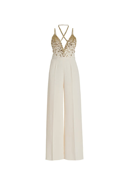V-NECK SEQUIN HALTER JUMPSUIT IN WHITE