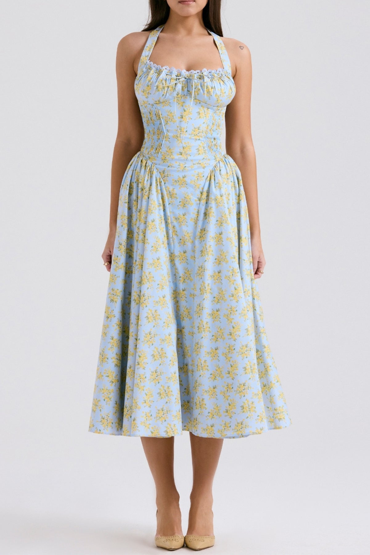 SOFT BLUE VINTAGE FLORAL PRINT COTTON HALTER SUNDRESS