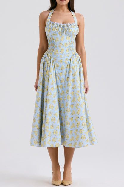 SOFT BLUE VINTAGE FLORAL PRINT COTTON HALTER SUNDRESS
