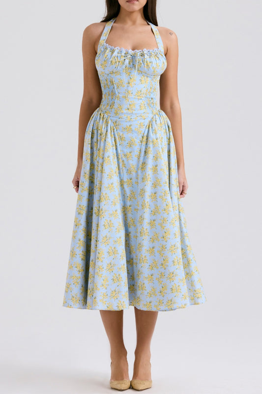 SOFT BLUE VINTAGE FLORAL PRINT COTTON HALTER SUNDRESS