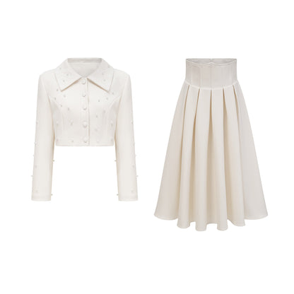 Pearl Embellished Collar Crop Blazer &amp; High Waist Pleated Midi Skirt Two Piece Set