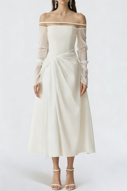 judith off-shoulder A-line Voile Midi Dress in white