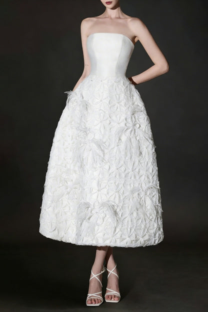 WHITE FLORAL EMBELLISHED STRAPLESS MIDI DRESS
