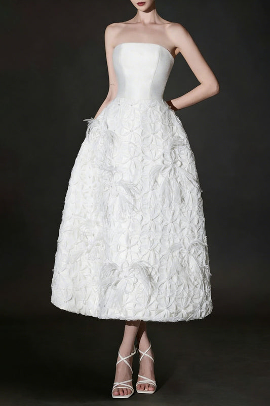 WHITE FLORAL EMBELLISHED STRAPLESS MIDI DRESS