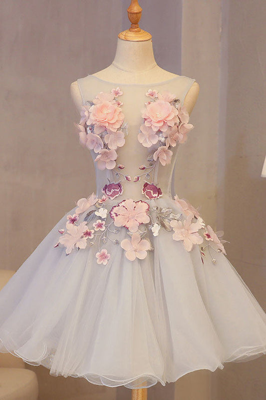round neck floral mini prom dress
