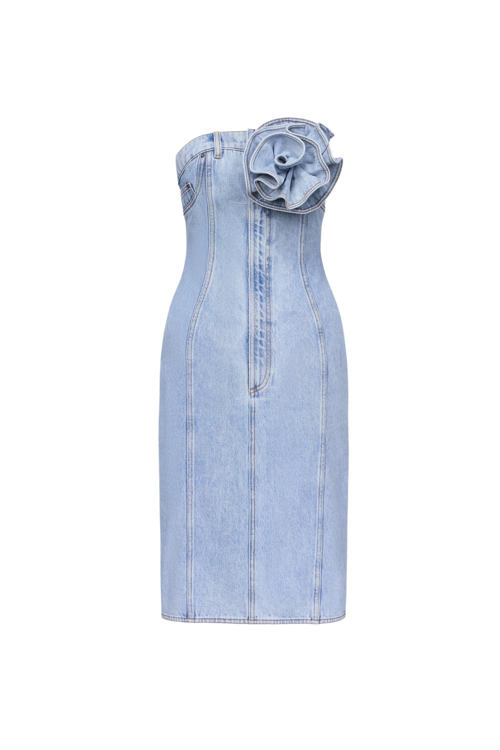 flower corsage strapless midi dress in light wash blue