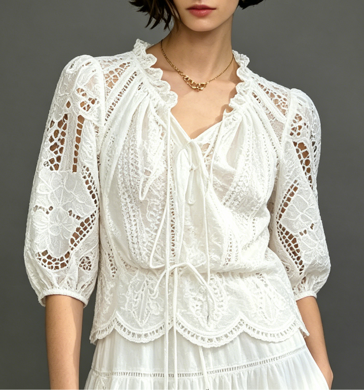 White Eyelet Lace Tiered Maxi Dress with Puff Sleeves