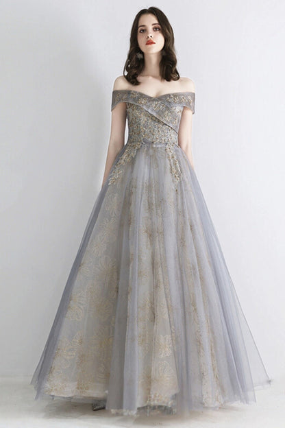 Gray blue tulle off shoulder lace dress