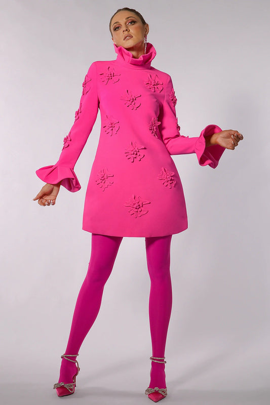 LORELAI PINK JACQUARD FLORAL LONG SLEEVE MINI DRESS