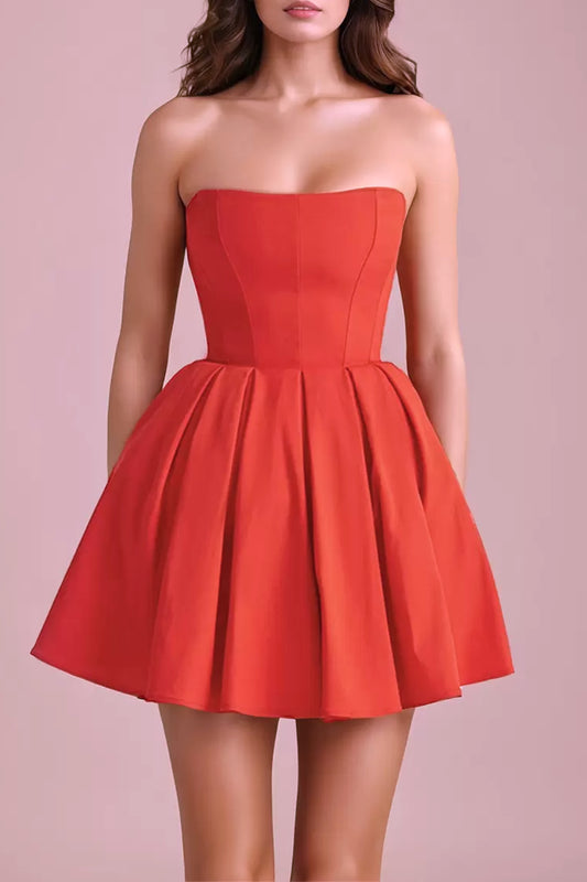 ITALIAN TOMATO STRAPLESS PLEATED MINI DRESS