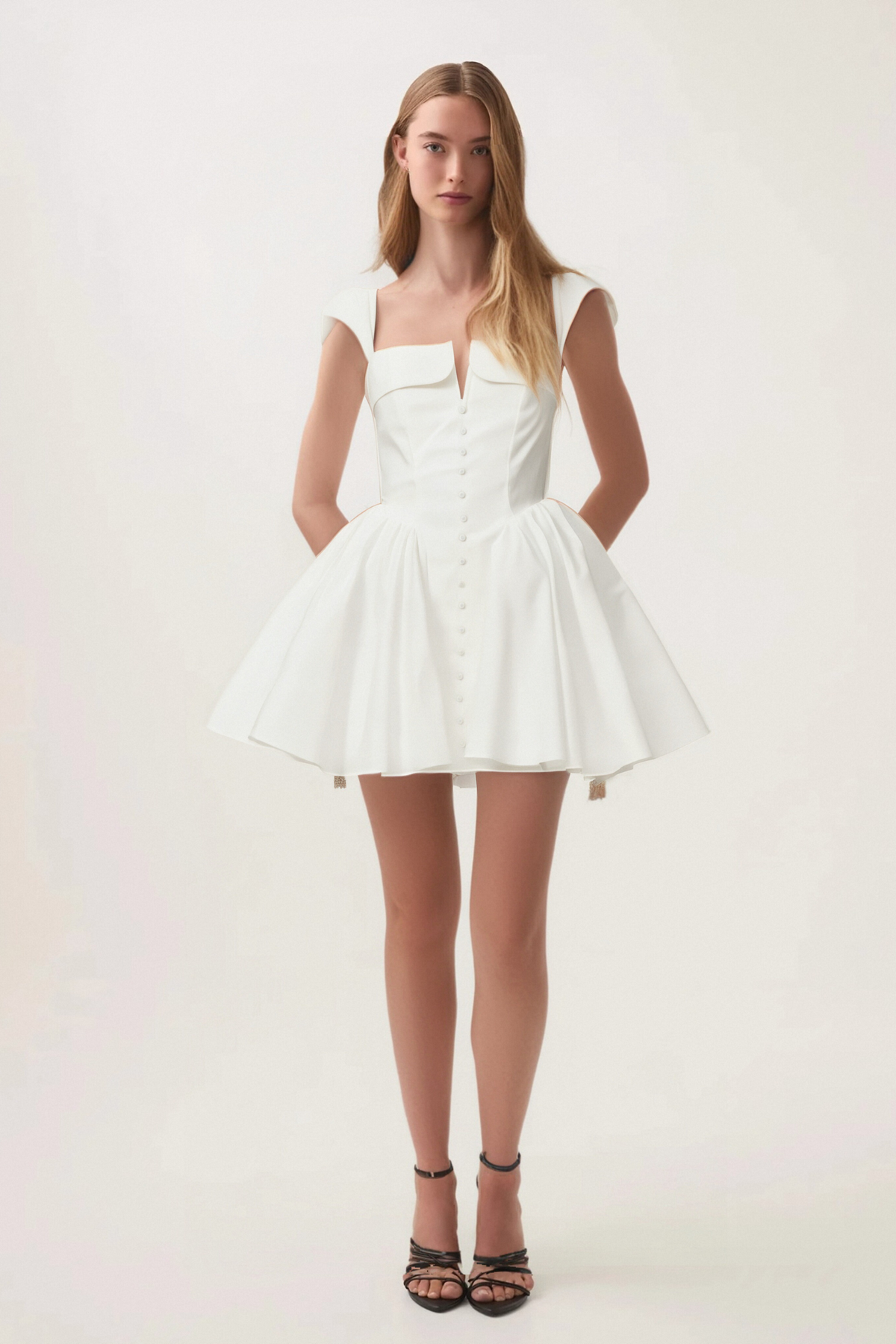 Julie white folded-neck bonded sleeveless mini dress