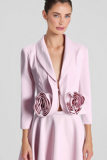 CAROL PINK 3D FLORAL BLAZER ＆ HIGH WAIST MIDI SKIRT SET