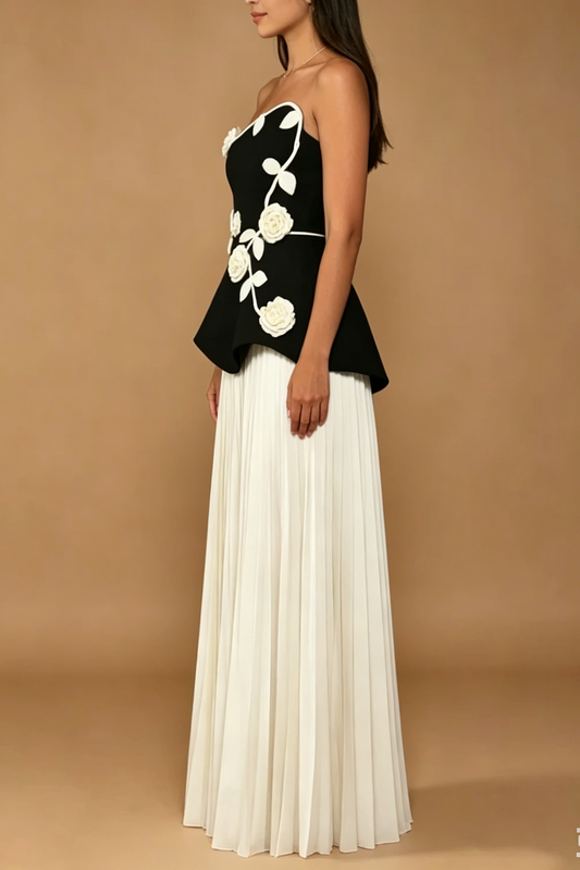Strapless 3D Rose Appliqué Peplum Maxi Dress