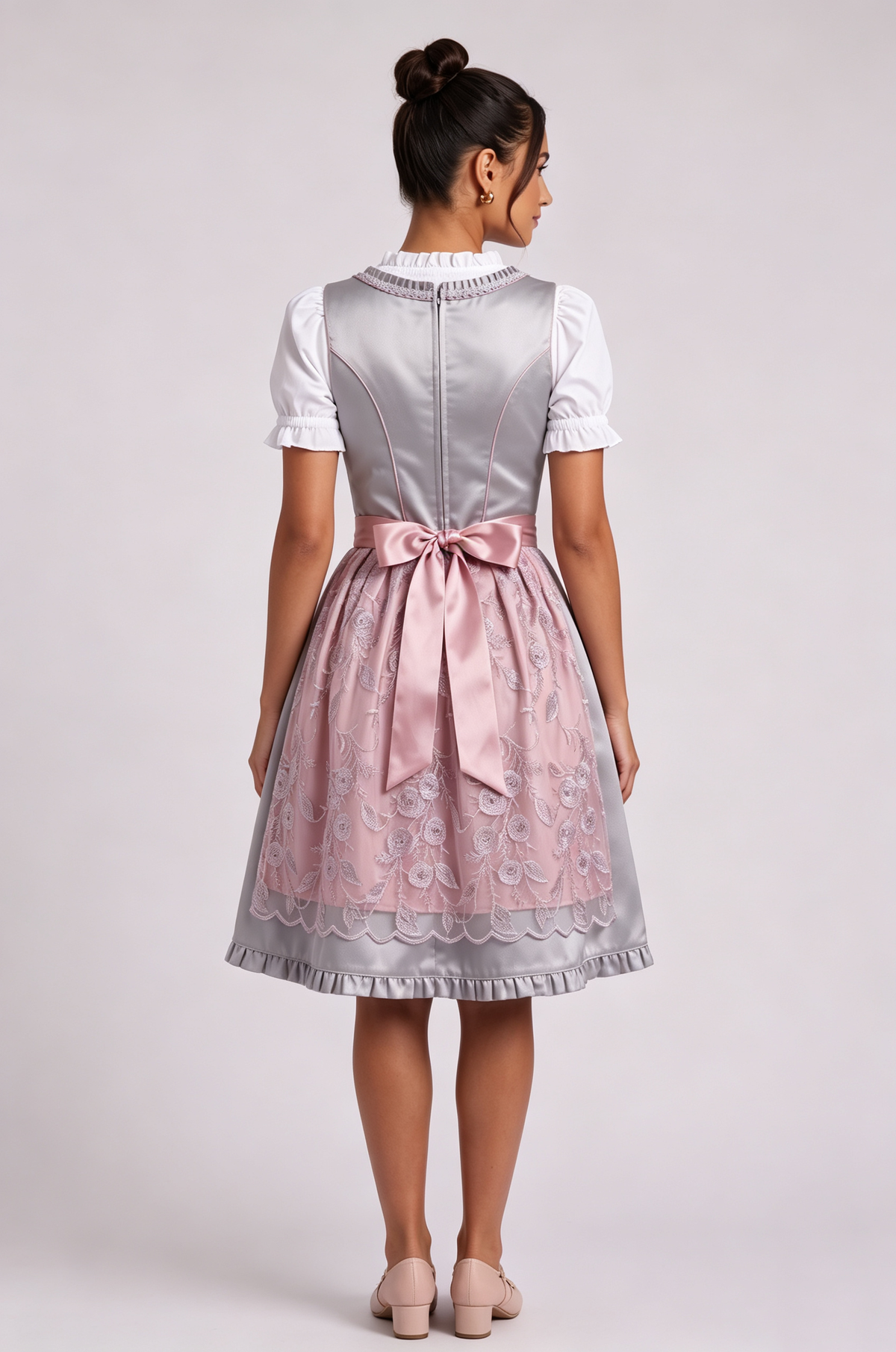 silver-grey satin-finish polyester fit-and-flare dirndl set