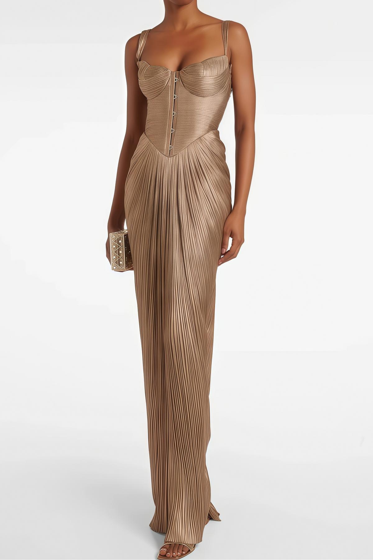 Metallic Gold Pleated Corset Spaghetti Strap Mermaid Maxi Gown