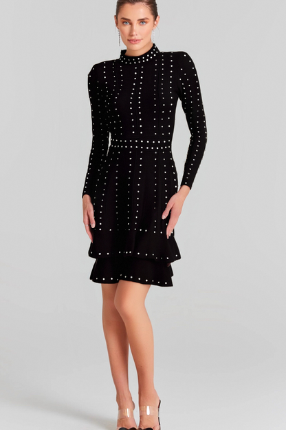 Fabienne black embellished ruffled knitted mini dress