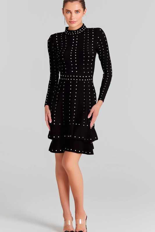 Fabienne black embellished ruffled knitted mini dress