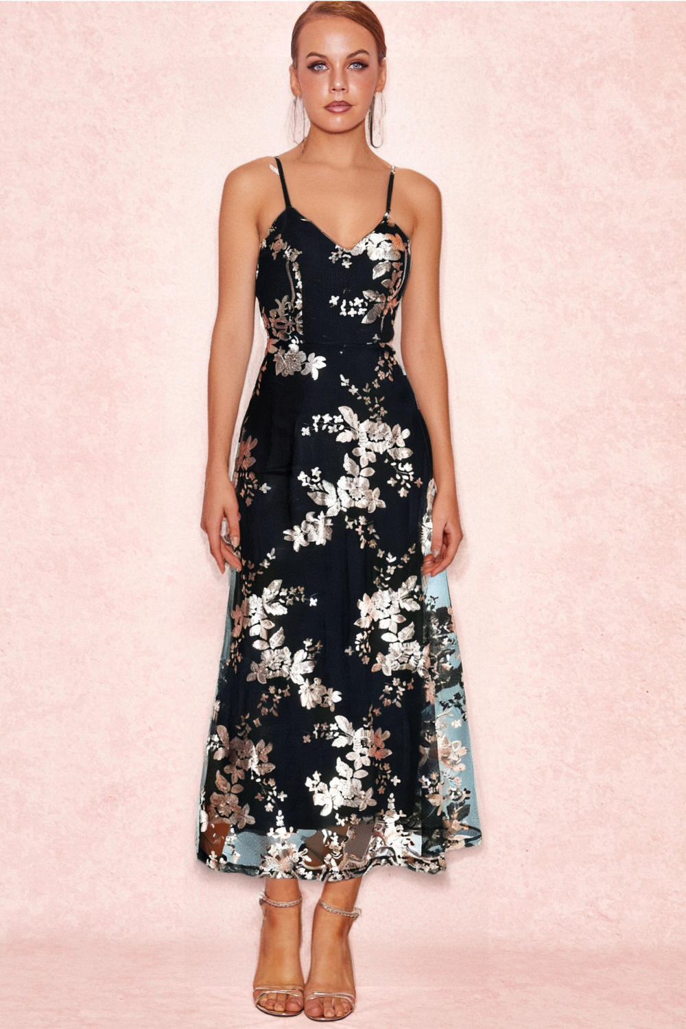 BLACK SEQUIN FLOWER MESH DRESS
