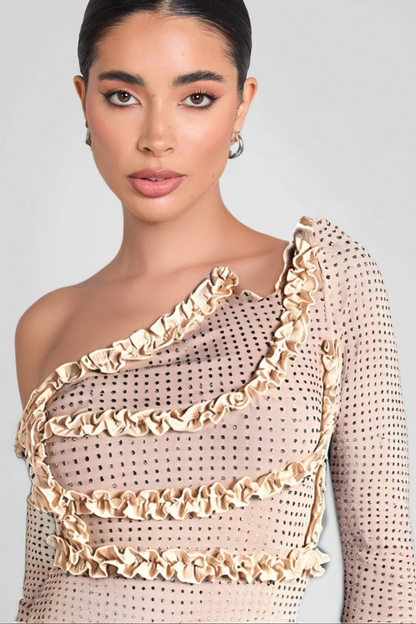 DIOGENIS ONE SHOULDER RHINESTONE MINI DRESS