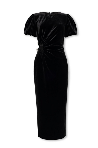 pleated velvet cut-out midi dress in black