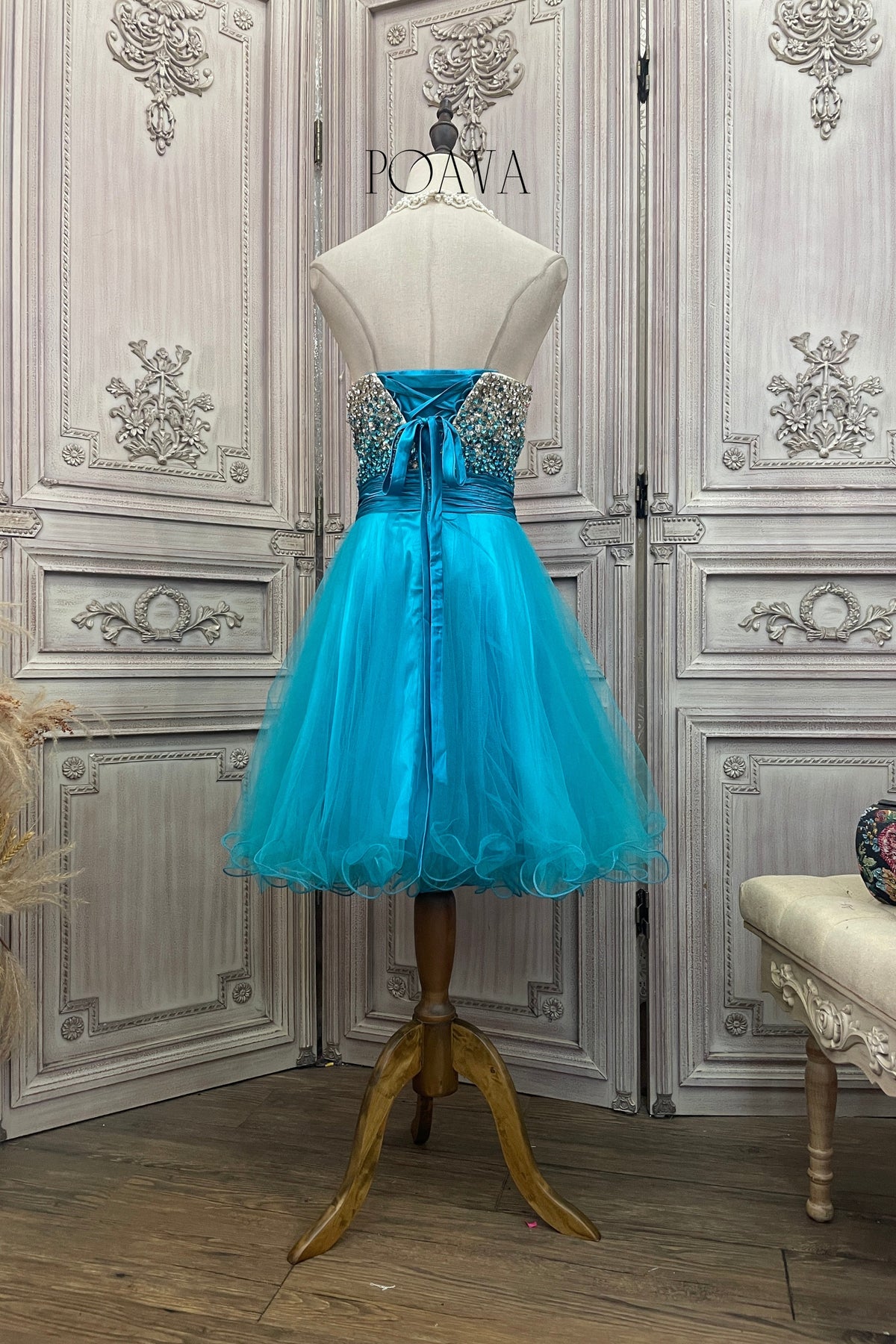Embellished Yarn Strapless Midi Dress In Blue