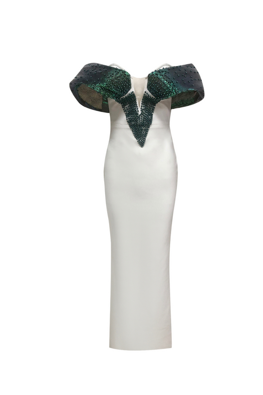 Off-Shoulder pearl embellished bodycon maxi dress in green