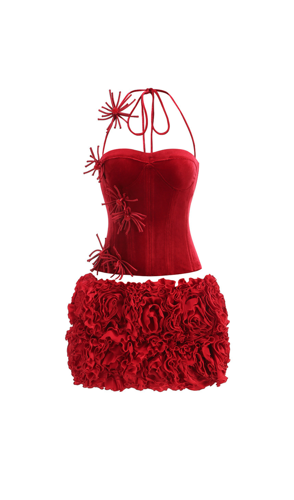 corset floral mini skirt suit in red