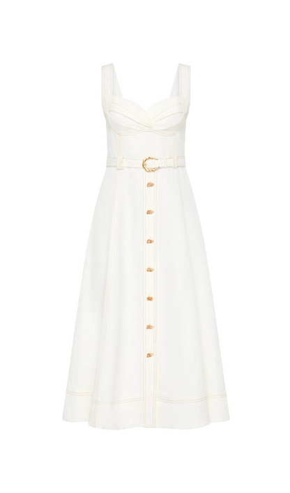 sweetheart neckline belted midi dress in ivory