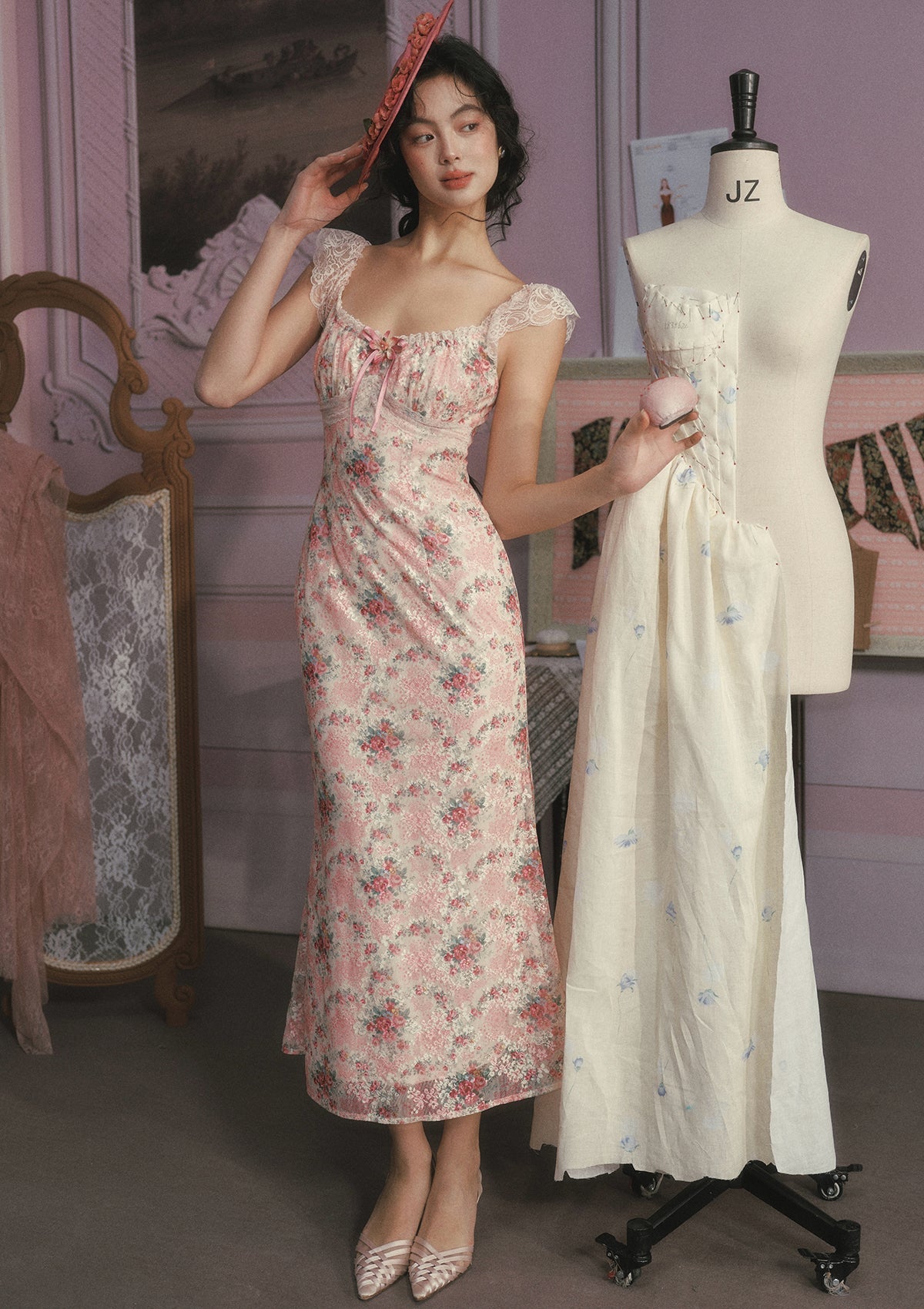 julie floral print lace trim midi dress - pink