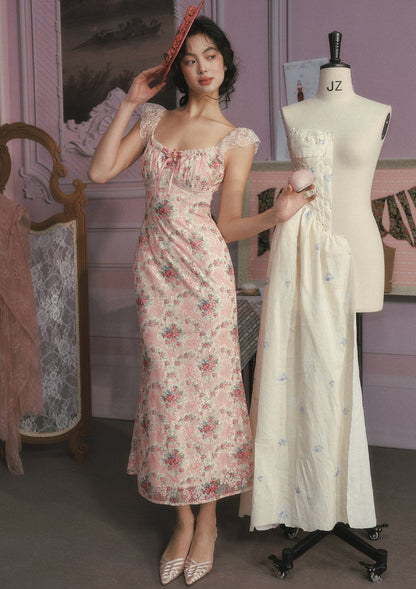 julie floral print lace trim midi dress - pink