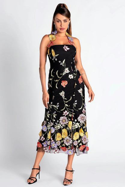HALTER EMBROIDER FLORAL MIDI DRESS IN BLACK