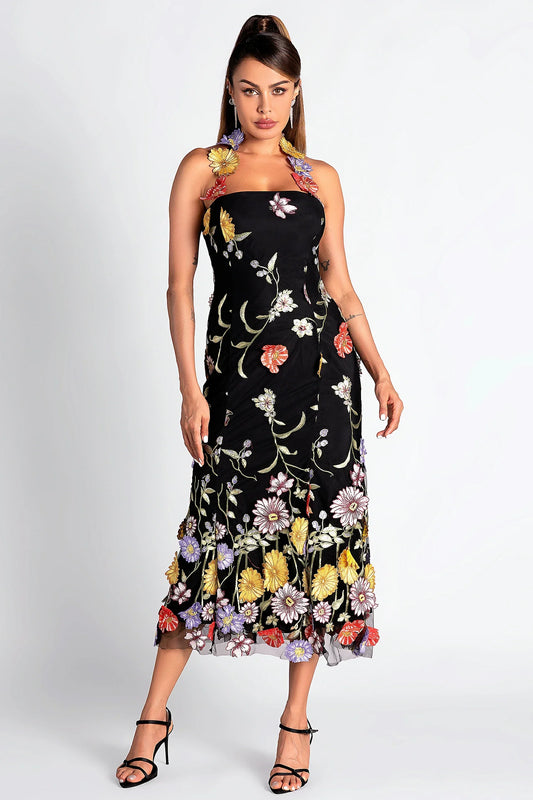 HALTER EMBROIDER FLORAL MIDI DRESS IN BLACK