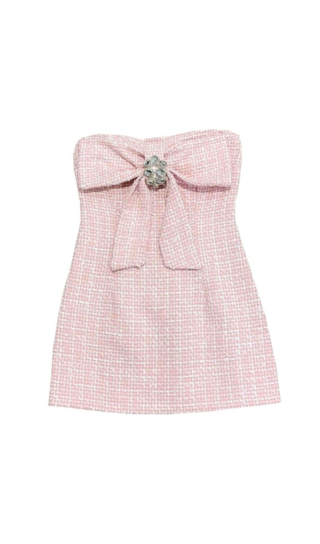 TWEED STRAPLESS BOW MINI DRESS IN PINK