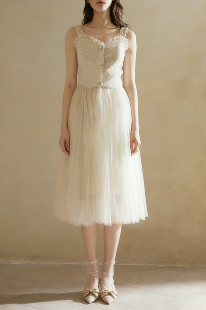Beige Sleeveless Tulle Midi Dress