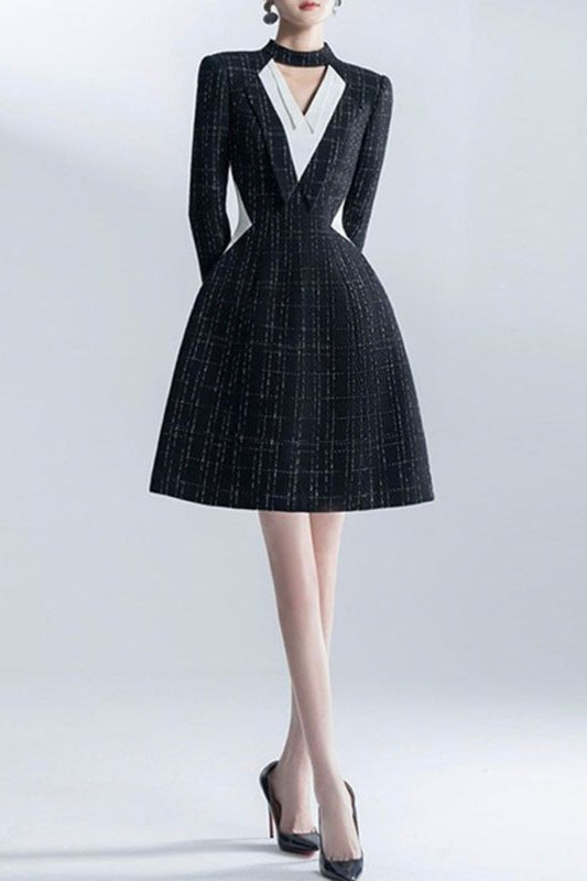 HALTER V-NECK A-LINE JACKET DRESS IN BLACK