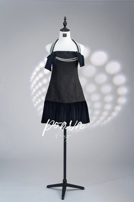 Rhinestone embellished halter mini dress in black