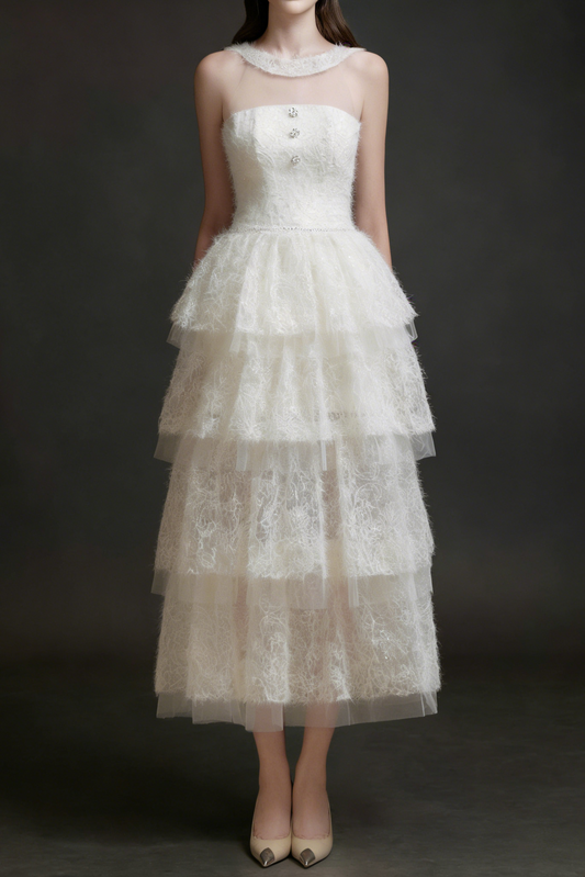 alison mesh stitching layer dress in white