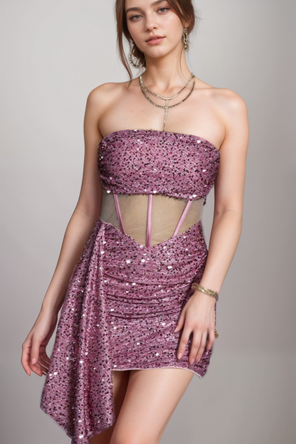 SEQUIN MESH RUCHED MINI DRESS