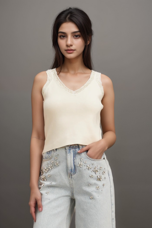 Celia white sequined fine-knit cropped top