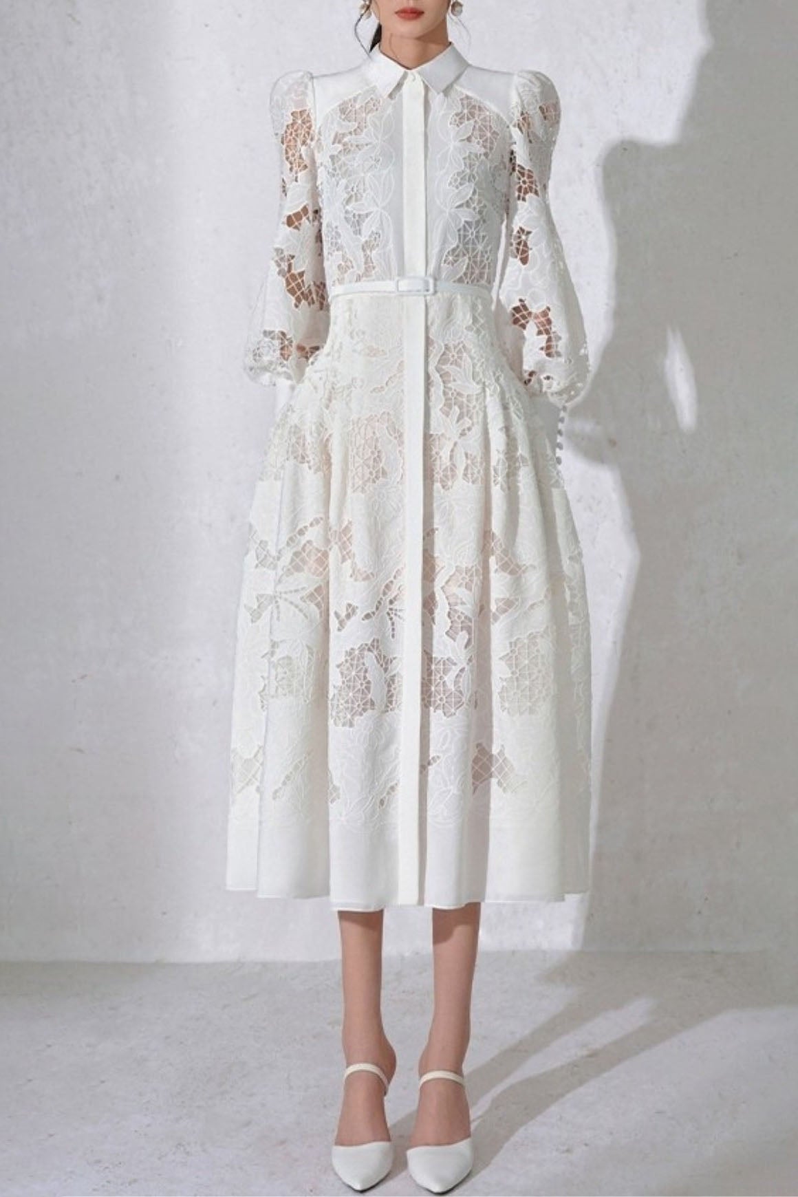 WHITE LACE EMBROIDERED FULL HEM MIDI DRESS
