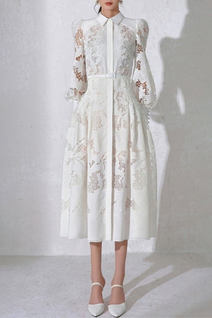 WHITE LACE EMBROIDERED FULL HEM MIDI DRESS