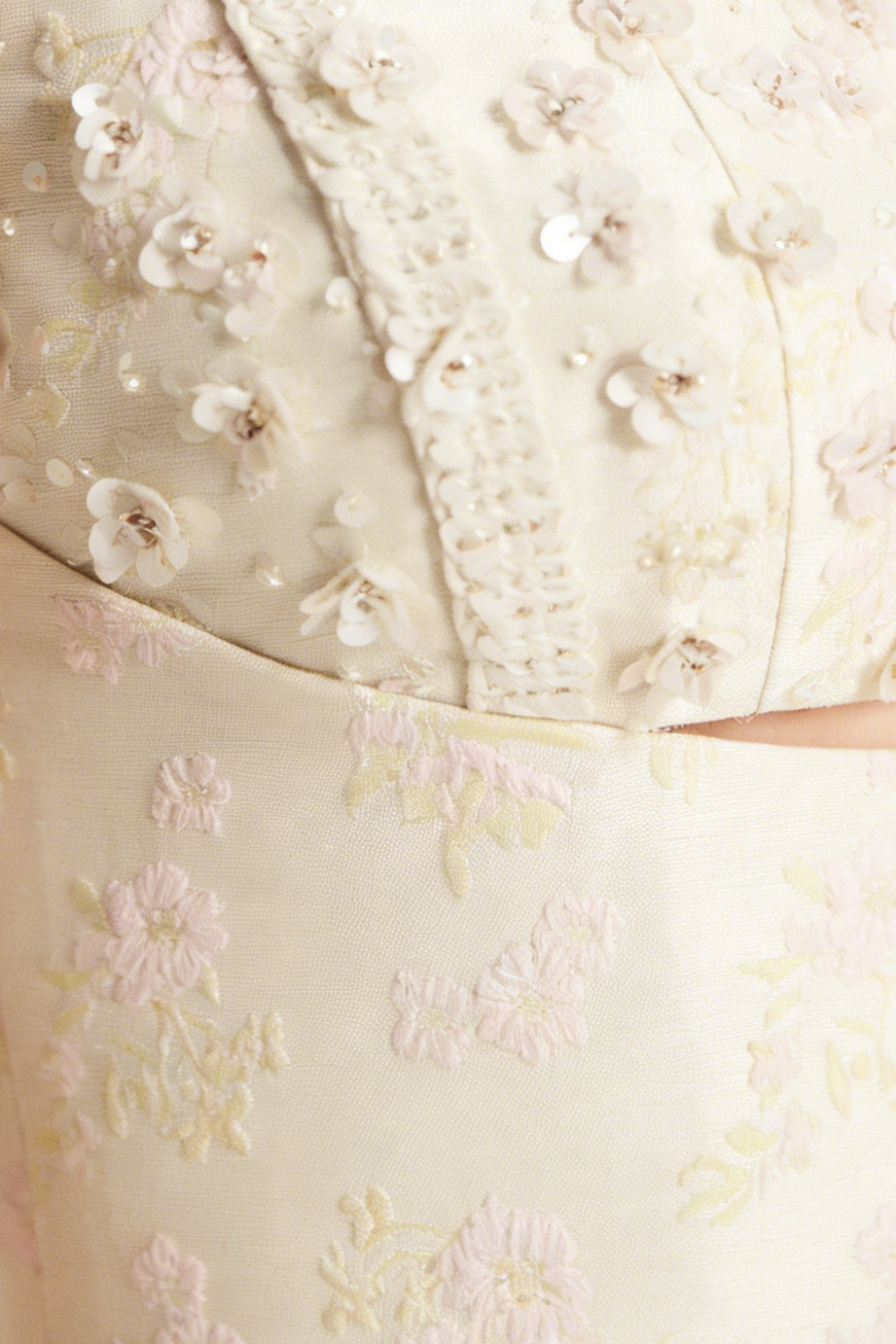 BEADED BROCADE PENCIL MIDI DRESS