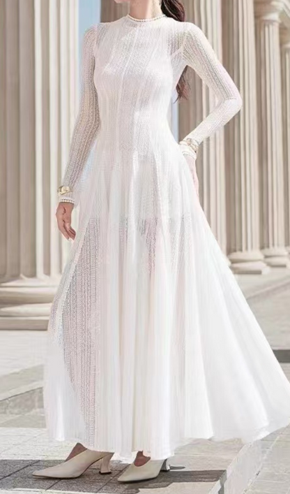 white crochet lace maxi dress with sleeves