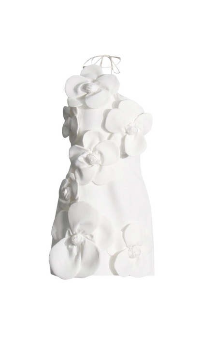 EMILY FLOWER HALTER NECK MINI DRESS IN WHITE