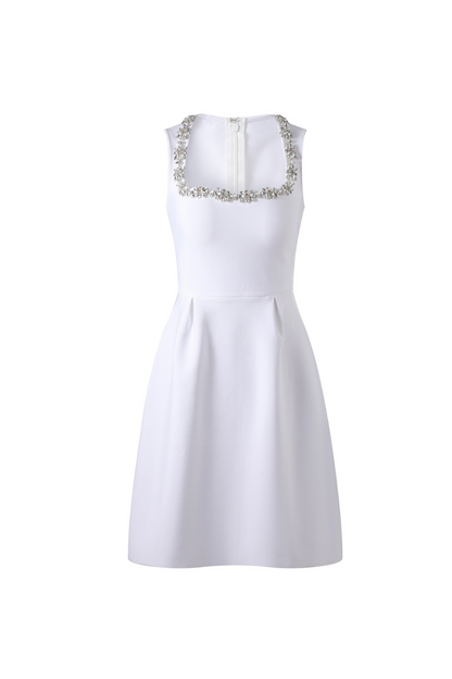 anila square neck crystal embellished mini dress in white